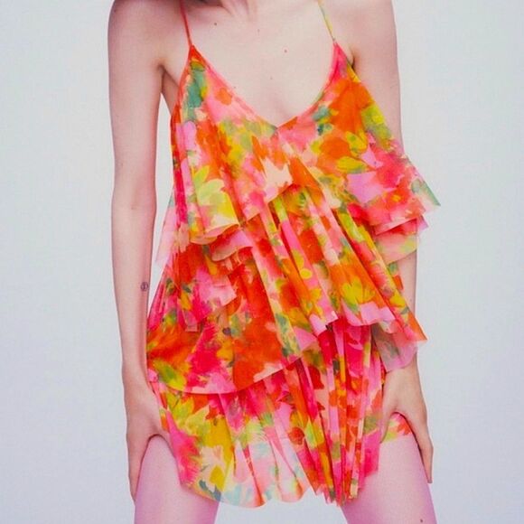 ZARA Printed Tiered Ruffle Mini Dress Size Large NWT  5 0447 - Picture 2 of 9